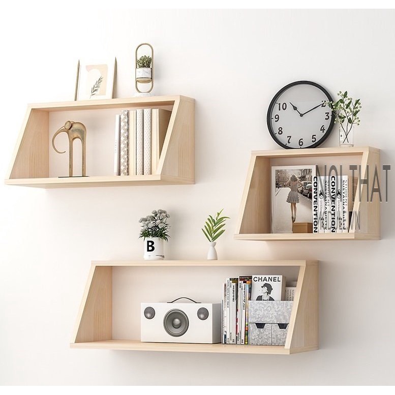 Bộ kệ trang trí treo tường phong cách BKD - màu sắc gỗ thông tự nhiên phù hợp trang trí decor nhiều không gian