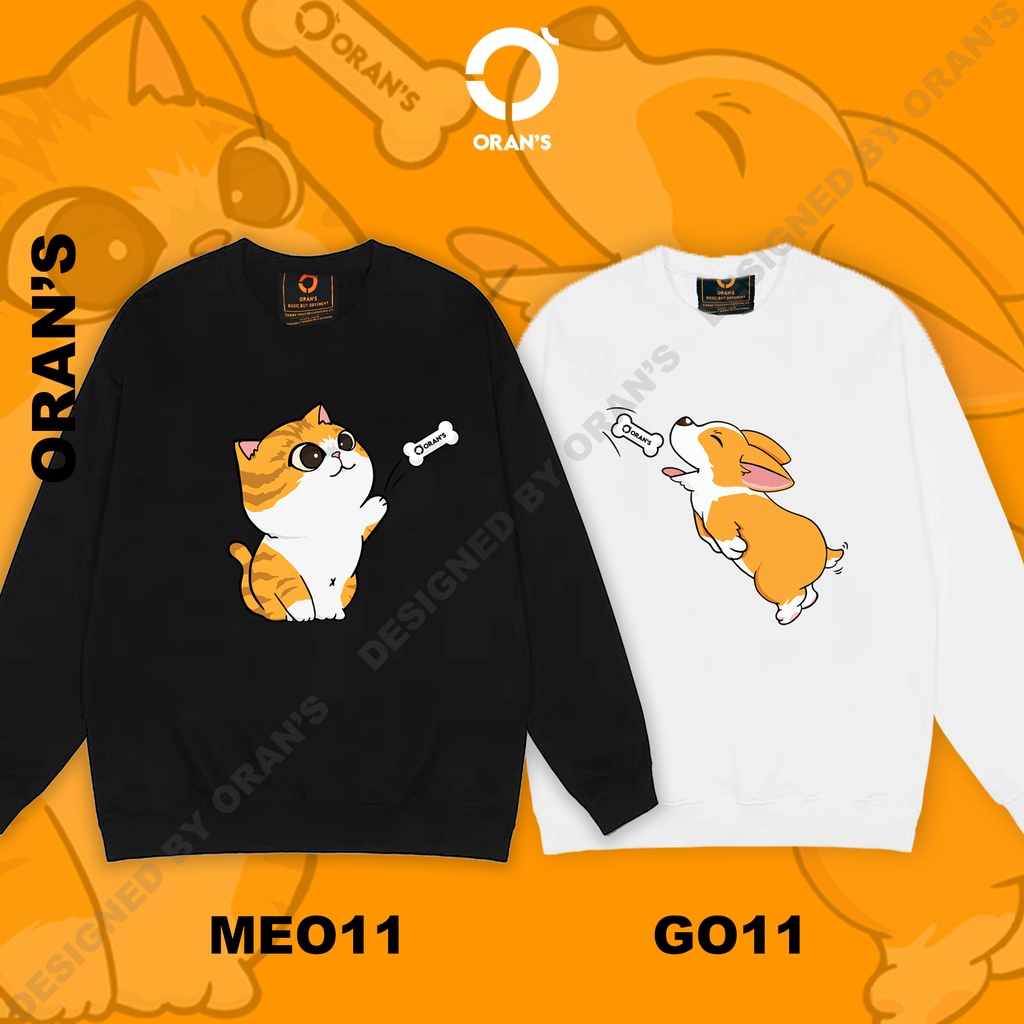 Áo Sweater đôi in hình chó mèo ném xương chất nỉ cotton lót bông cao cấp form rộng unisex ORANS - ORAN'S COUPLE 11