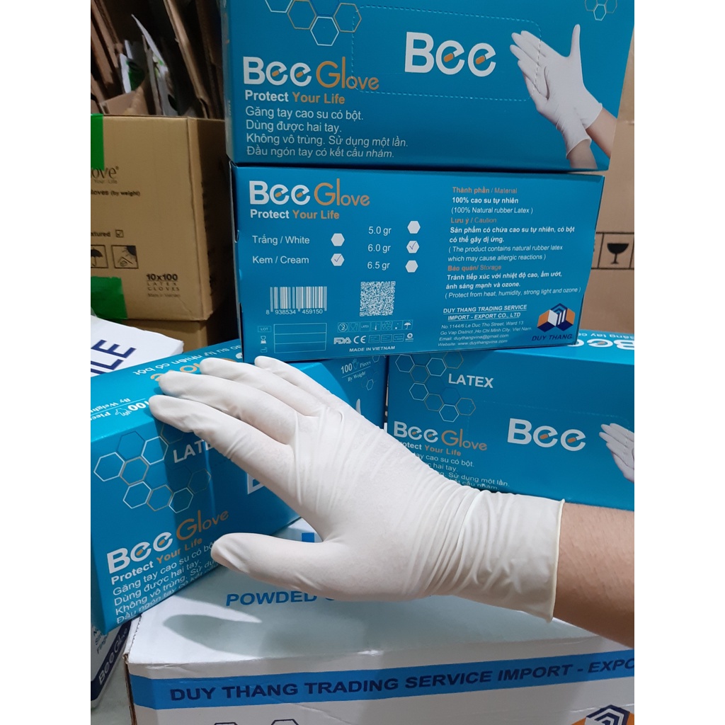 1 thùng 10 hộp Găng tay cao su Bee Glove Latex , có bột chính hãng Có Bột Màu Kem 6.0gr - Size XS,S,M,L