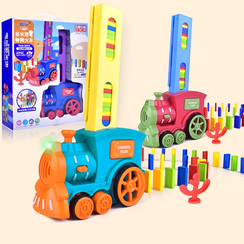 Đồ chơi trẻ em xe lửa điện domino, tàu lửa điện thả domino đồ chơi giáo dục rèn luyện tính kiên nhẫn và sáng tạo.
