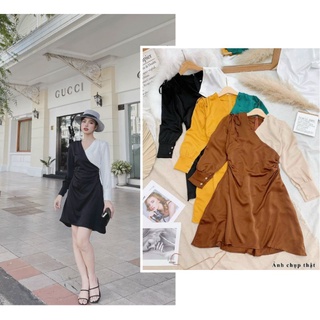 ẢNH THẬT - Đầm xoè phối màu đắp chéo cổ V tay bồng xếp ly eo công sở thanh lịch trắng đen / vàng xanh cổ vịt / nâu be LL