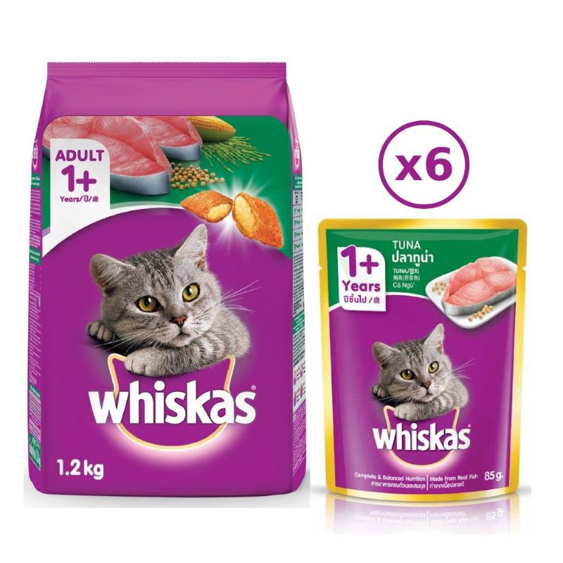 Bộ thức ăn mèo whiskas 1 gói 1.2kg + 6 gói pate 80g