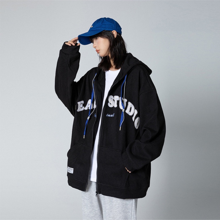 Áo hoodie nam nữ có khóa kéo thêu chữ dơn giản thời trang phong cách Hàn Quốc cho nam tay dài hoodie áo hoodie nữ form rộng Áo khoác gió hoodie zip