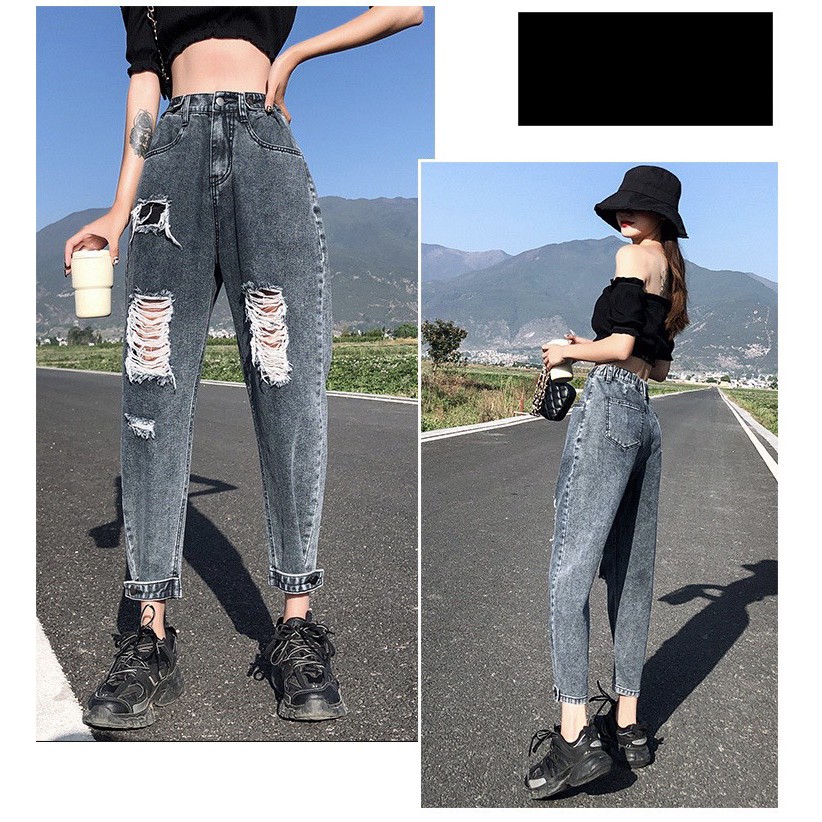 [BIG SIZE] SIÊU PHẨM Quần jean baggy nữ lưng cao, rách bụi bặm, lai kiểu 3466