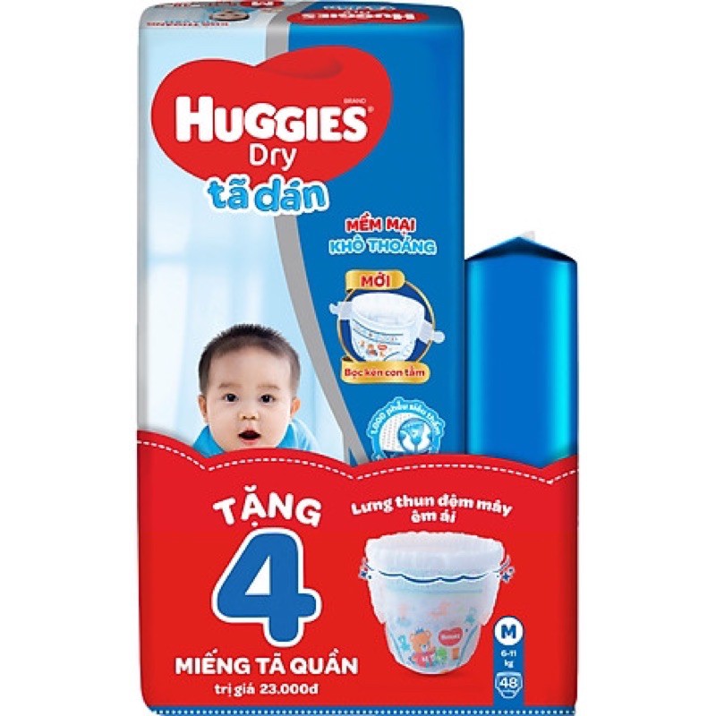 (Tặng 4 Miếng ) Tã dán Huggies Dry Size M - 48 Miếng