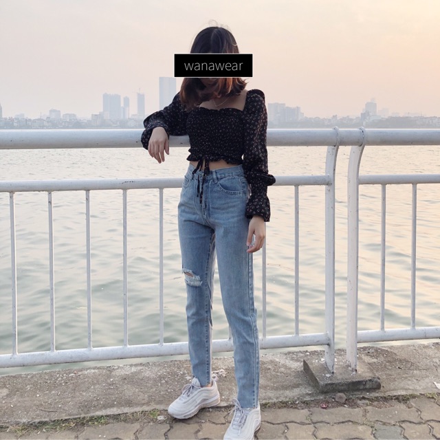 Áo croptop hoa nhí trễ vai tay bồng 🍒FREESHIP🍒quần jean baggy rách quần bò nữ đẹp