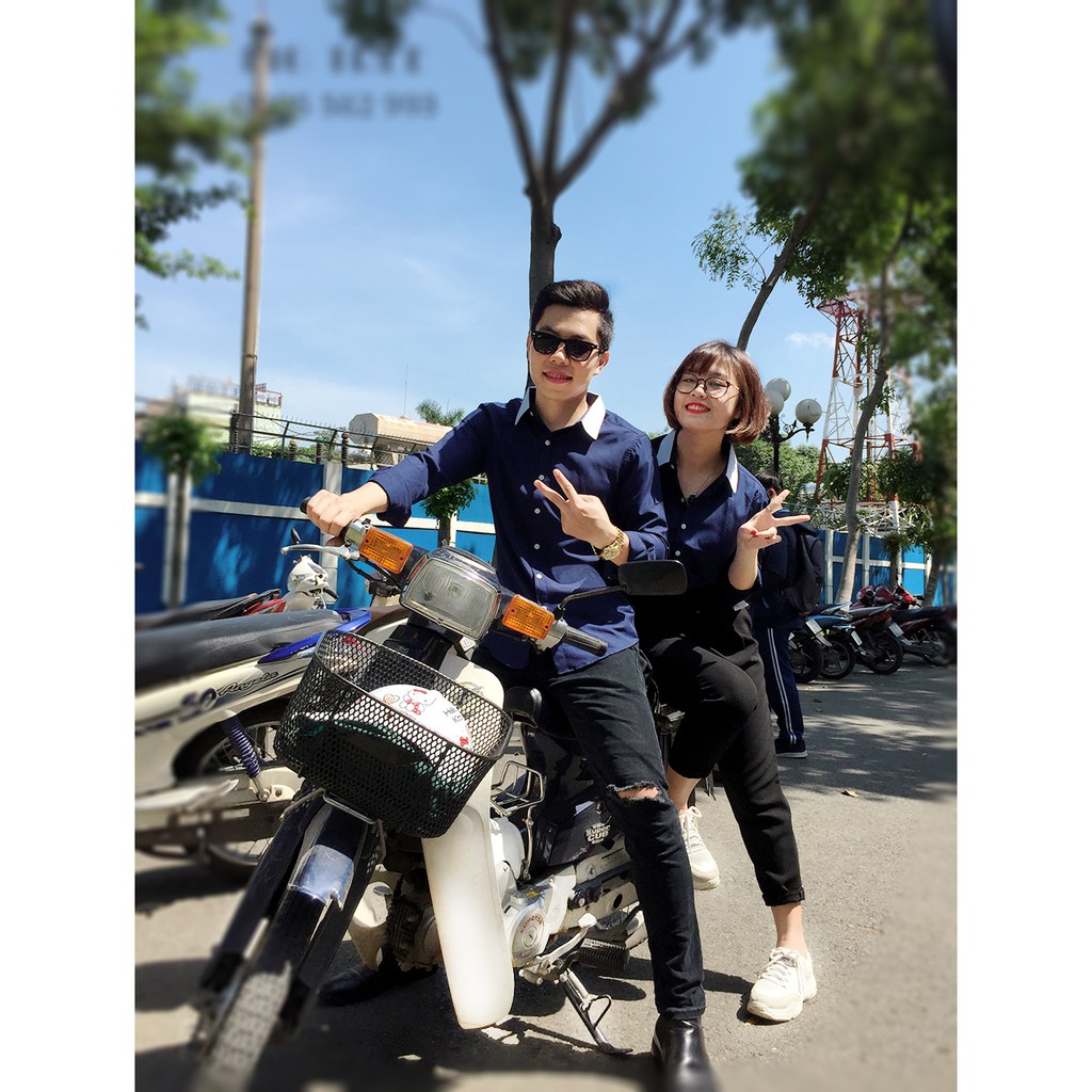 Áo sơ mi cặp màu xanh đen phối trắng cổ bẻ(đủ size)