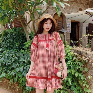 Đầm váy freesize caro viền ren đỏ