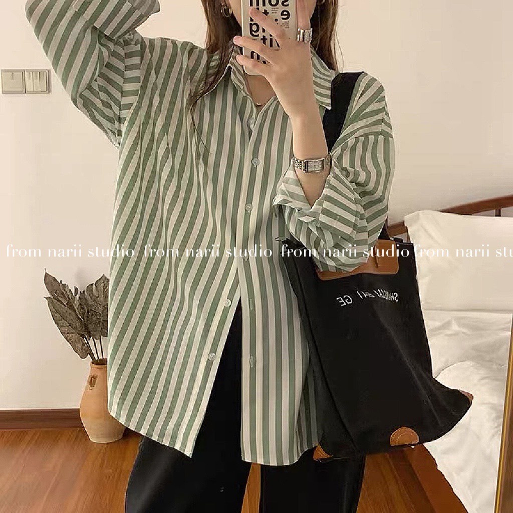Áo sơ mi tay dài nữ form rộng NARII áo công sở dáng dài Hàn Quốc kẻ xanh