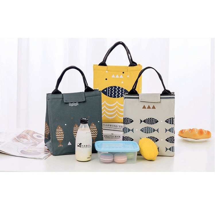 Túi đựng cơm giữ nhiệt văn phòng chống nước Tam Giác kiểu 2 con cá dán miệng gọn gàng tiện lợi-88042- SHIPNHANH88