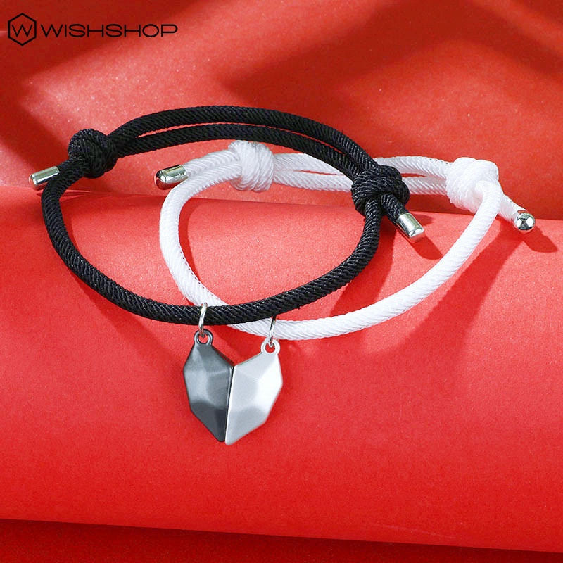 [Hot Sale] Bộ 2 Vòng Tay Dây Bện Mặt Đá Hình Trái Tim Cho Cặp Đôi / Khoảng Cách / Tình Bạn