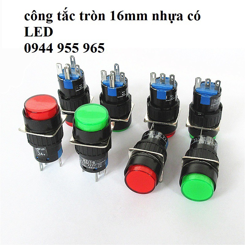 Công tắc nhựa tròn 16mm có LED báo hiệu 12V ô tô xe máy tàu thuyền LIMO tủ điện