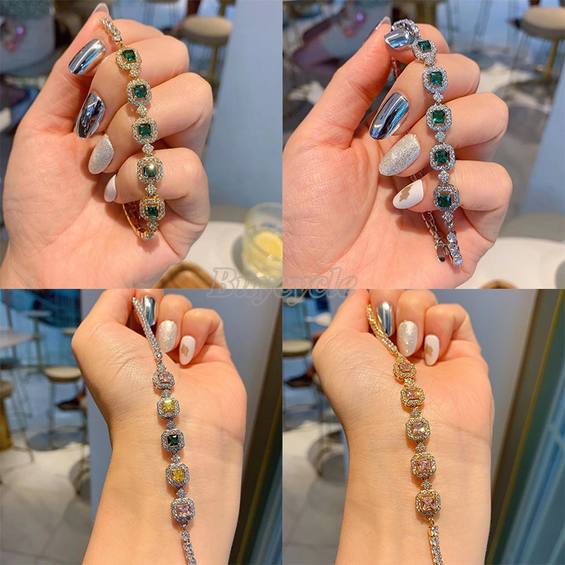 Vòng Tay Công Chúa Tourmaline Hình Vuông Đính Kim Cương Nhân Tạo Màu Sắc Thời Trang Cho Nữ