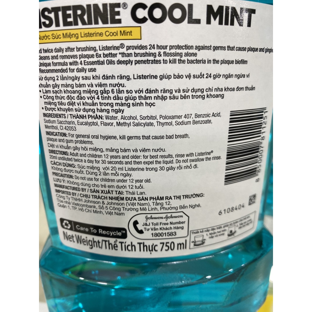 Nước súc miệng Listerine chai 250 ml, 750ml vị bạc hà và trà xanh cho hơi thở thơm mát, cho răng chắc khỏe hơn