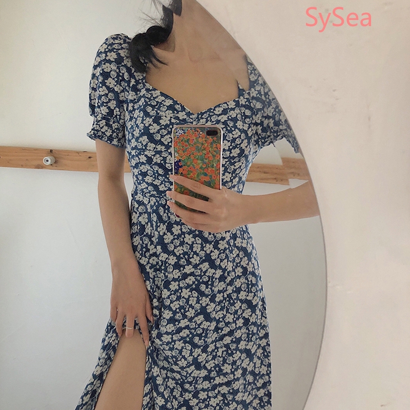 Đầm Dài Tay Ngắn Họa Tiết Hoa Thiết Kế Xẻ Tà Phong Cách Retro | BigBuy360 - bigbuy360.vn