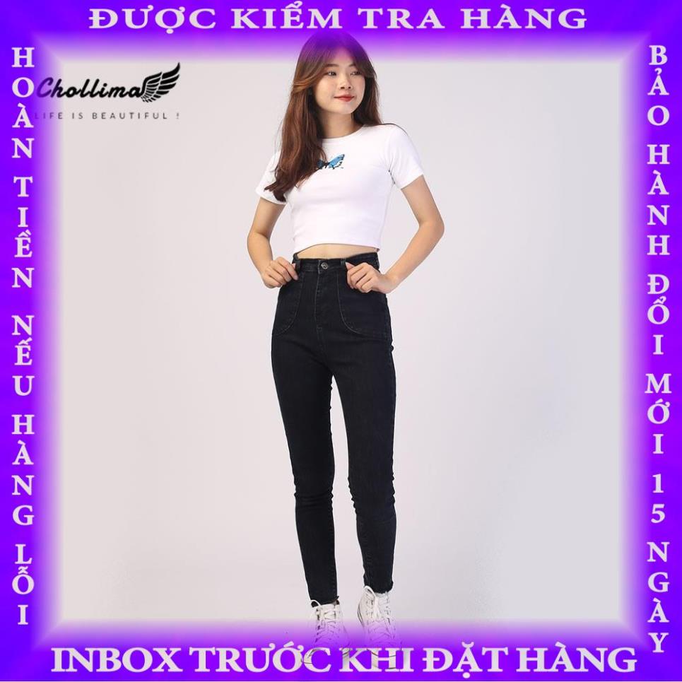 Quần jeans nữ co giãn Chollima cạp siêu cao đắp 2 túi tròn QD003 phong cách hàn quốc baybay