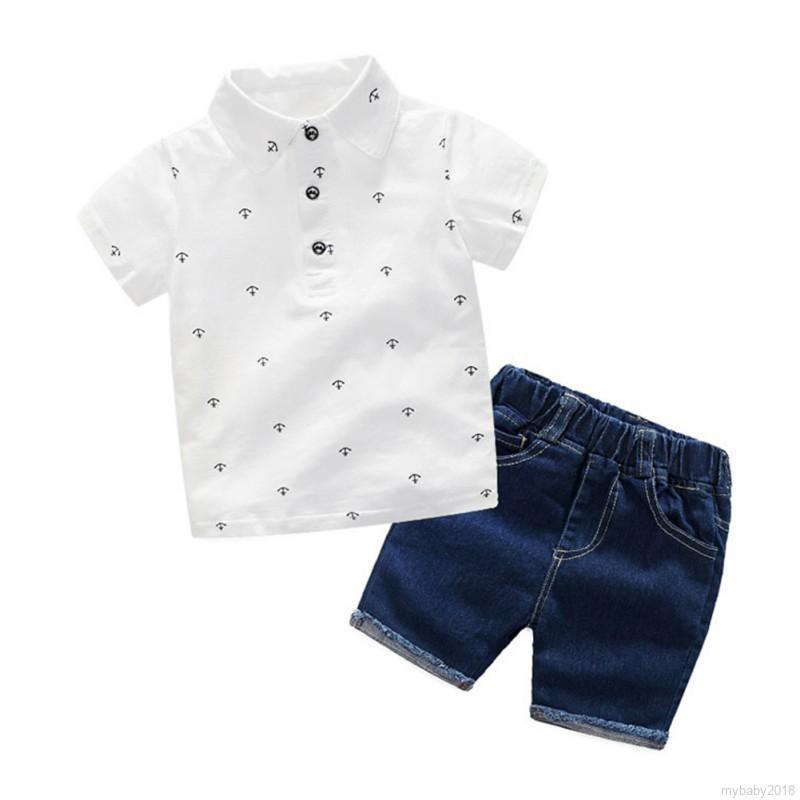 Set áo thun ngắn tay cổ tròn + Quần short jeans thời trang cho bé trai