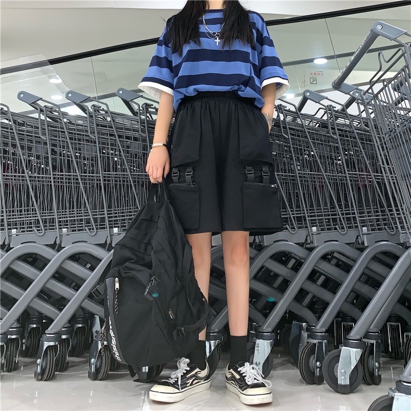 (CÓ SẴN) Set áo thun + quần short unisex ulzzang street style oversize form rộng áo sọc ngang xanh nam nữ cá tính