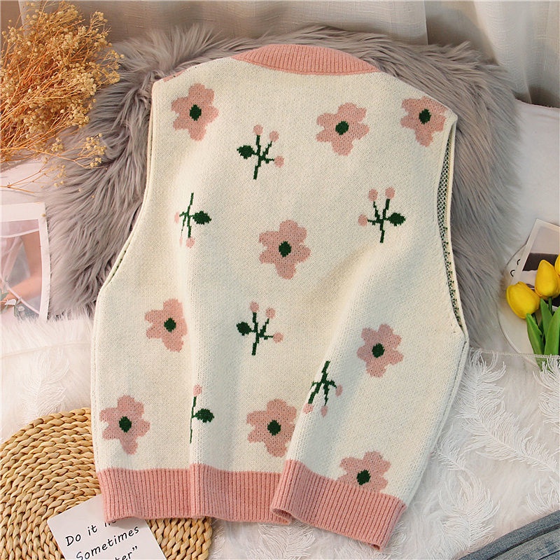 Áo Len Dệt Kim Không Tay Dáng Rộng Cổ Chữ v In Hoa Nhiều Lớp Thời Trang Mới Cho Nữ