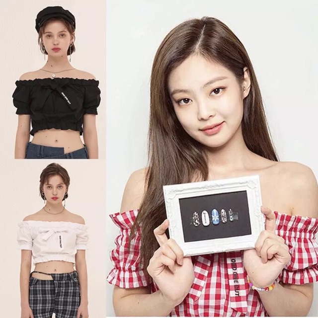 Hình thật áo croptop trễ vai giống Jennie blackpink