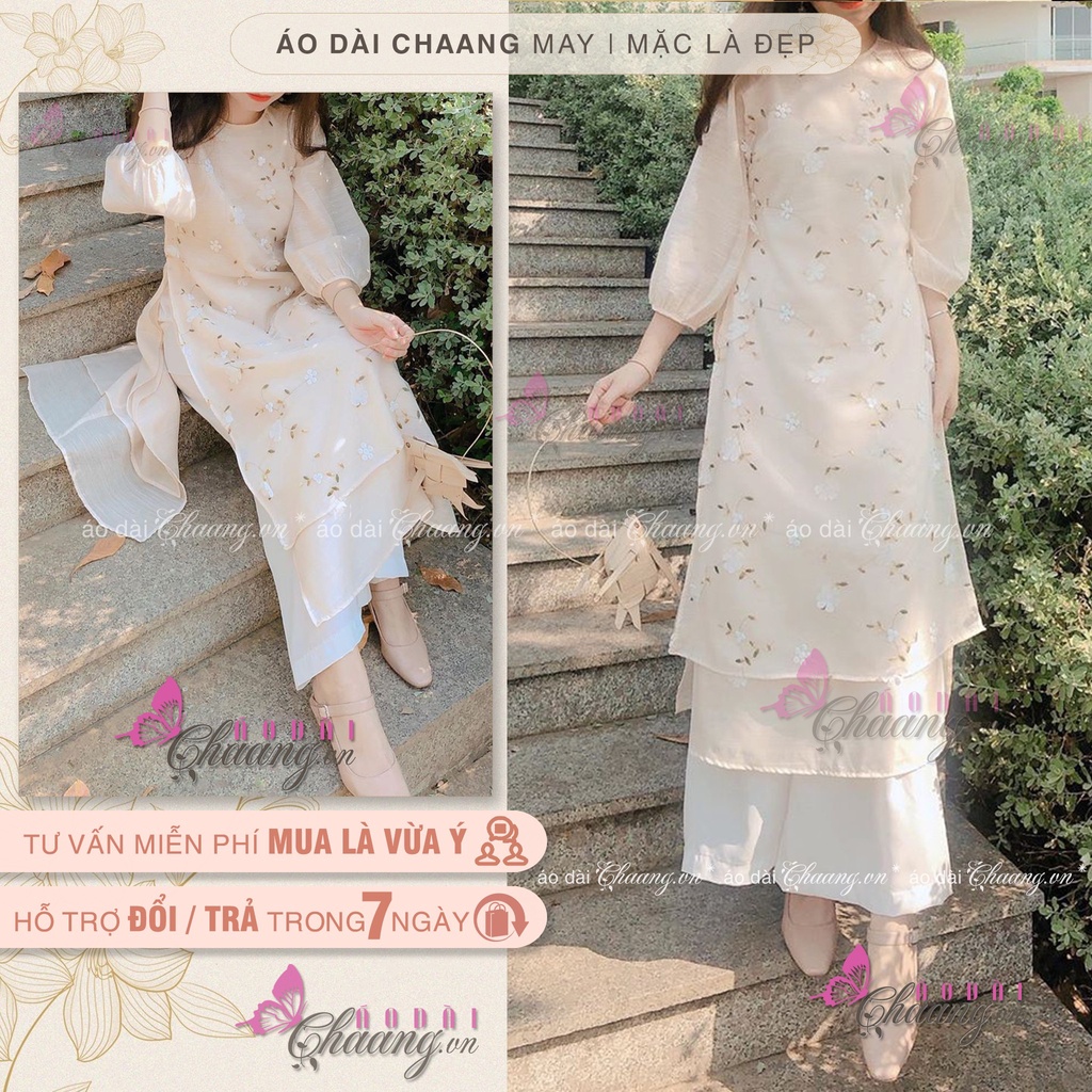Áo Dài Cách Tân Nữ Tay Bồng 4 Tà Cổ Tròn Lụa Ren Hoa Nhí Nổi Mặc Dự Tiệc Lễ Tết Đẹp