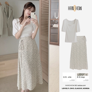 Bộ Áo Tay Phồng Trơn Màu + Chân Váy Midi Chữ A Lưng Cao Xinh Xắn Theo Phong Cách Hàn Quốc