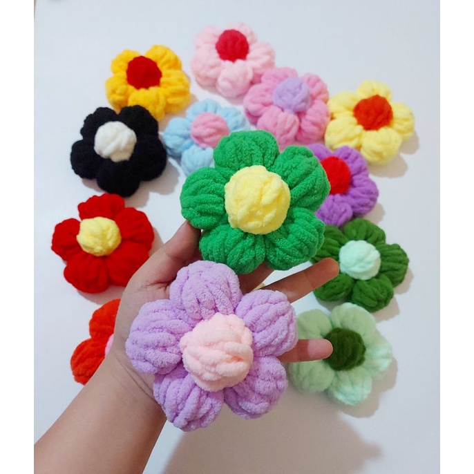 Hoa len bông 10cm, pin cài áo túi, móc khóa