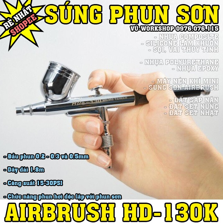 Bút phun sơn khí nén Airbrush HD-130K đầu phun 0.2 - 0.3 và 0.5mm