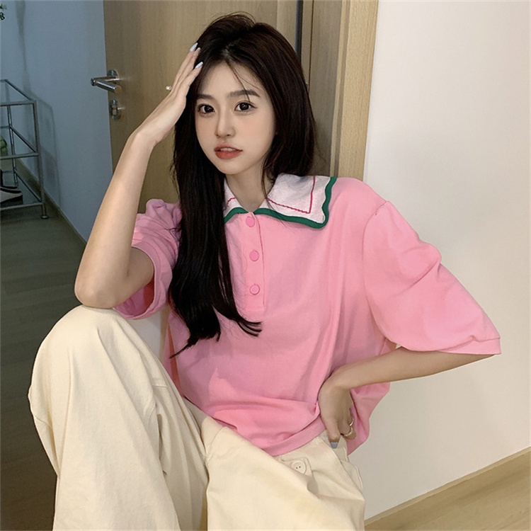 Áo polo Tay Phồng Ngắn Dáng Rộng Dễ Thương Phong Cách Hàn Quốc Cho Nữ