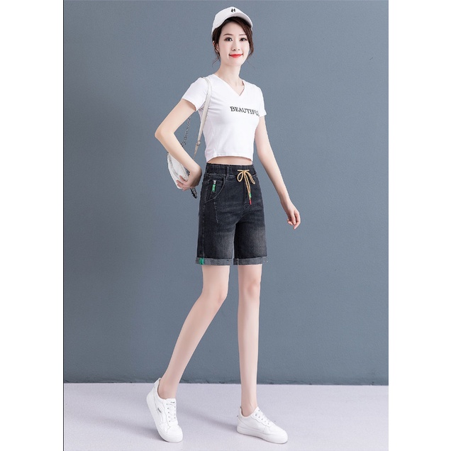 Quần Short denim Ống Rộng Lưng Thun Co Giãn Mẫu Mới Mùa Hè Kích Thước Lớn Cho Nữ
