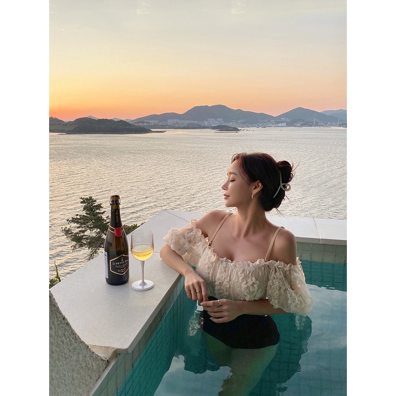 Bikini liền mảnh trễ vai ren hoa nude phối nâu sang chảnh Hàn Quốc che bụng tốt có bigsize, đồ bơi thời trang