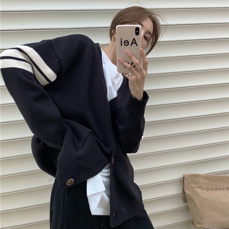 Áo khoác cardigan dệt kim form rộng tay dài hoạ tiết sọc xinh xắn thời trang Hàn Quốc | BigBuy360 - bigbuy360.vn