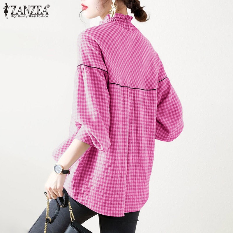 Áo kiểu ZANZEA cổ tròn dáng rộng in họa tiết sọc ca rô phối nút cài thời trang công sở dành cho nữ