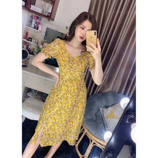 Đầm hoa voan 2 lớp cổ vuông nhún ngực dáng xòe có xẻ tà-hình thật shop chụp