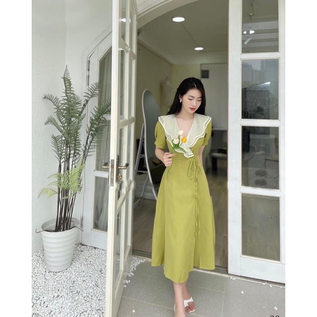 Đầm midi cổ voan bèo đắp chéo ( Có Bigsize )