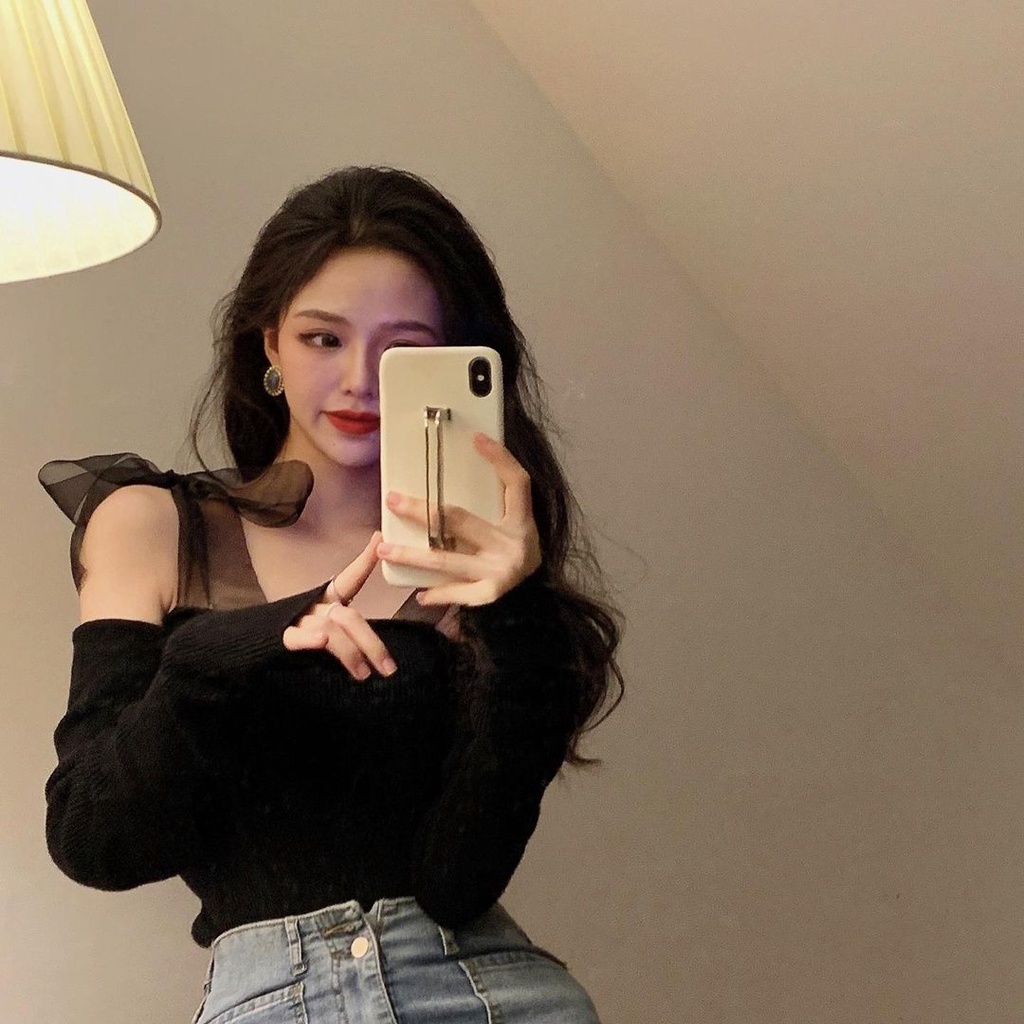 ÁO LEN ULZZANG TRỄ VAI BUỘC NƠ CÔNG CHÚA