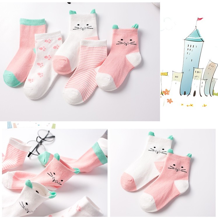 Set 5 Đôi Vớ Cotton Họa Tiết Dễ Thương Cho Bé