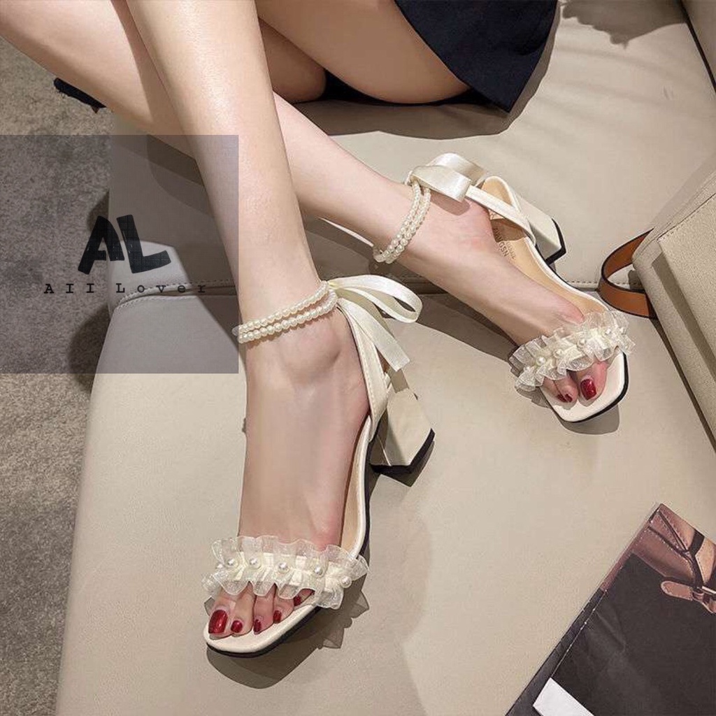 CAO GÓT ALI LOVER - GIÀY NỮ QUAI NGANG GÓT VUÔNG 7CM - SANDAL NỮ QUAI HẬU ĐÍNH NGỌC CỘT NƠ 7 PHÂN - AG220717
