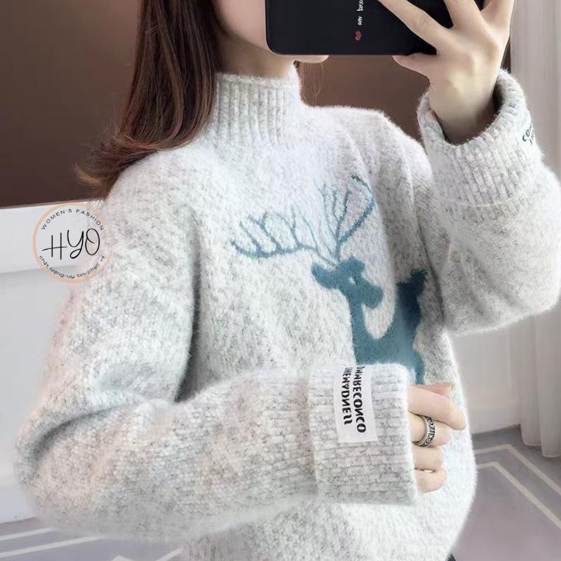 Áo len nữ dày lông cừu cổ cao giữ nhiệt họa tiết hươu trắng Quảng Châu HT-1 | BigBuy360 - bigbuy360.vn