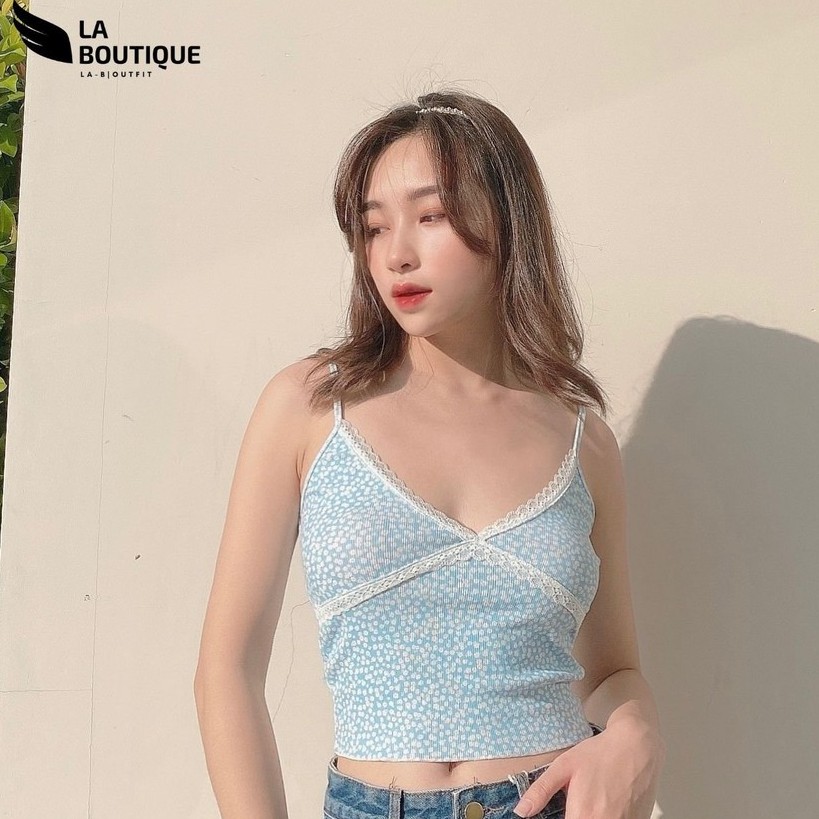 Áo 2 dây Croptop Hoa Nhí Đính Ren Ôm Body LA BOUTIQUE