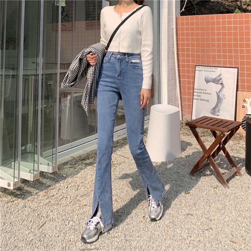 QKOOLE  Quần Jean Dài Eo Cao Vải Mỏng Phong Cách Hàn Quốc Dành Cho Nữ