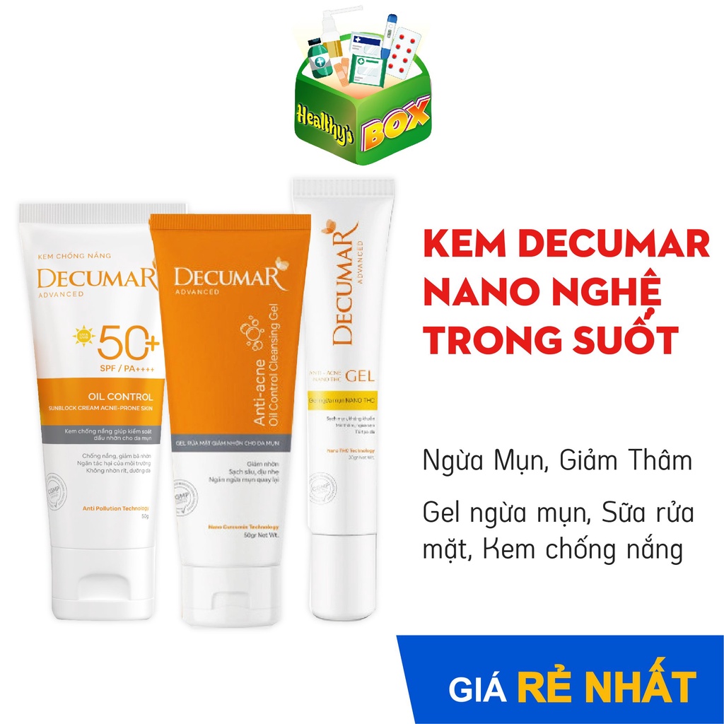 Kem DECUMAR ngừa mụn, giảm thâm nano nghệ trong suốt: Gel ngừa mụn, Sữa rửa mặt, Kem chống nắng