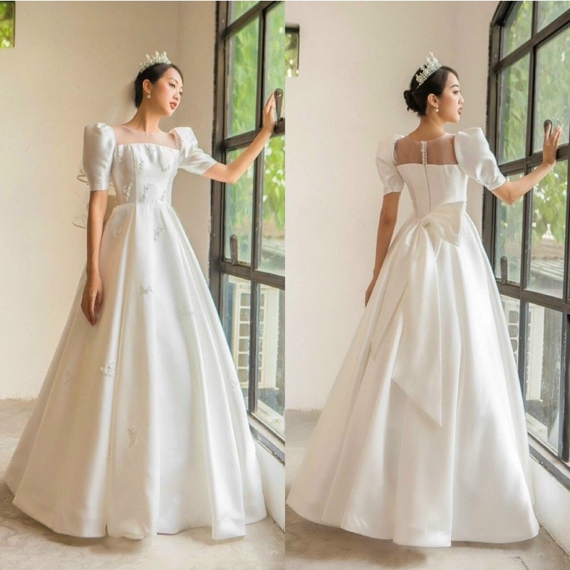 ĐẦM CƯỚI TAY PHỒNG KẾT HOA PHỐI NƠ full size S/M/L/XL ( ảnh và video do chủ shop tự quay 10000%)