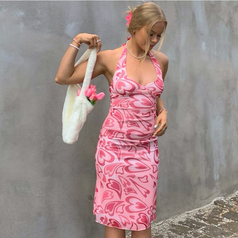 Đầm Dài Hai Dây Thắt Dây In Hình Trái Tim Dành Cho Nữ D0310