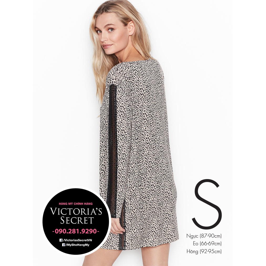 (Sleep S) - Áo da beo cổ tròn tay dài Modal Long Sleeve SleepShirt, phối lưới 2 bên- Hàng nhập Victoria's Secret USA