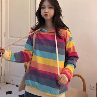 Áo thun nữ áo dài tay chui đầu thời trang bảy sắc cầu vồng có mũ cá tính trẻ trung 2019