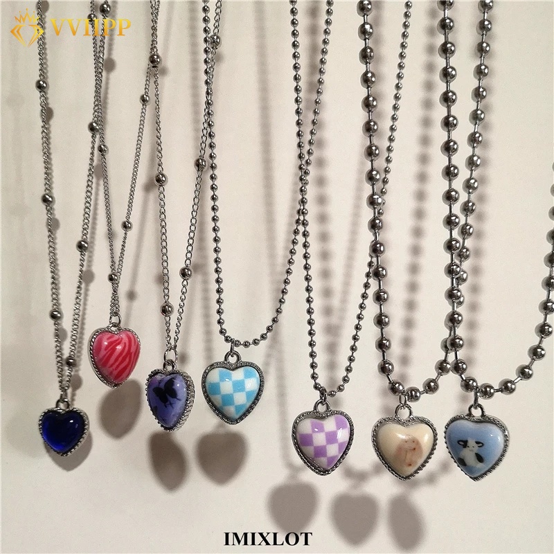 Vòng cổ mặt hình trái tim họa tiết caro / thỏ / bươm bướm / chú bò dễ thương cho nữ