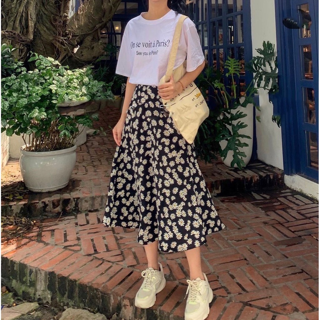 CHÂN VÁY MIDI HOA NHÍ VINTAGE ULZZANG STYLE - CHÂN VÁY HOA CÚC HỌA MI TÍM ĐEN XANH HOT