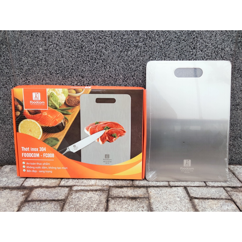 Thớt Inox 304 cao cấp Foodcom FC008 Sản xuất Việt Nam, Kháng khuẩn, Cường lực, Bảo hành 10 năm chống han gỉ