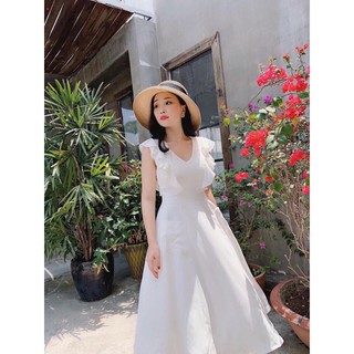 Đầm váy freesize trắng cổ V 2 túi